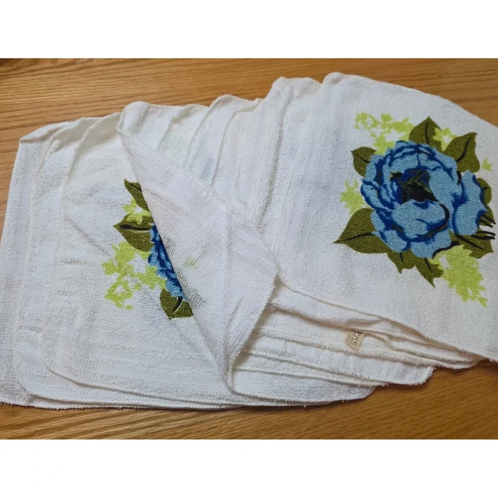 Cannon Washcloth Unisex OS White Blue Rose Floral Vintage 10pc Lot Trophy Cotton